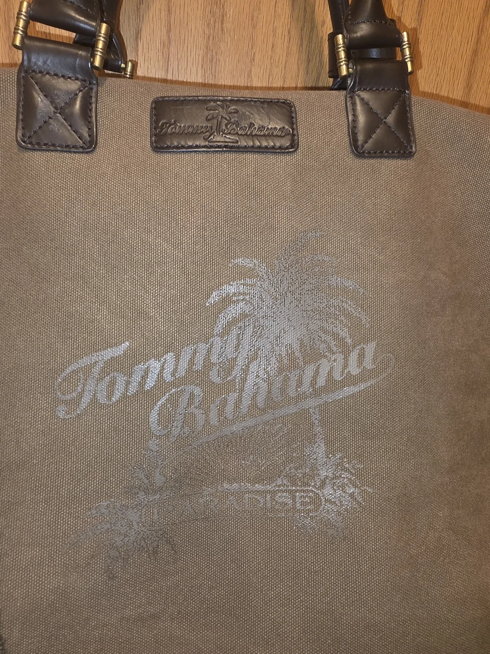 Tommy Bahama Olive Green Canvas Duffel with Dark Brown Leather Trim